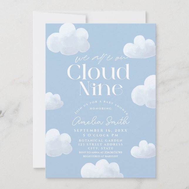 Convites Estamos no Cloud Nine Modern Blue Cloud Chá de fra (Frente)