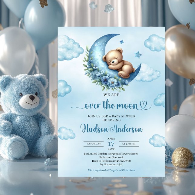 Convites Estamos sobre a lua ursinho azul-marrom ( we are over the moon - sleeping teddy bear over floral moon boy baby shower invitation)
