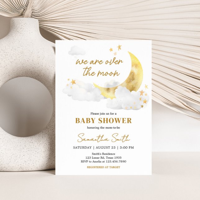 Convites Estamos sobre o Chá de fraldas da Lua (Over the Moon Baby Shower Invitation)