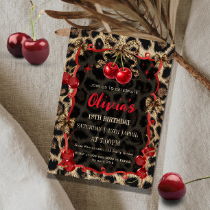 Convites Estampa de Leopardo Cereja Selvagem Glam Aniversár
