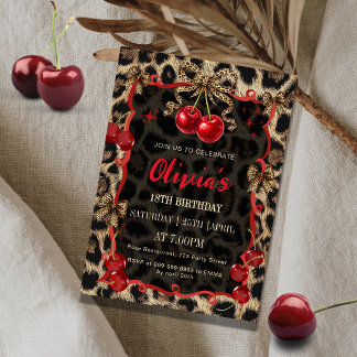 Convites Estampa de Leopardo Cereja Selvagem Glam Aniversár