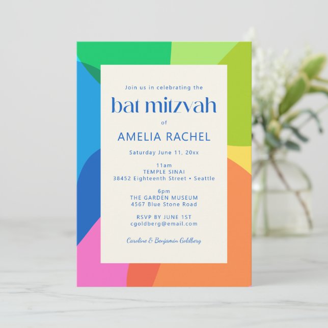 Convites Estética Moderna Bat Mitzvah Geométrica Colorida (Em pé/Frente)