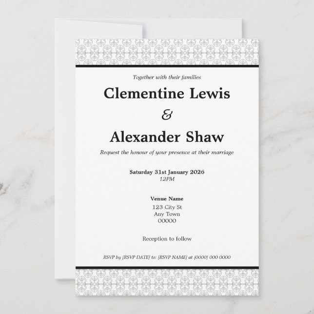 Convites Estilo Art Déco Elegante Preto e Branco (Frente)