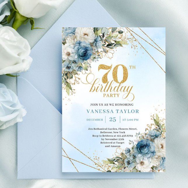 Convites Estilo boêmio flores azuis douradas 70º aniversári (Stylish bohemian blue florals gold 70th birthday invite

)