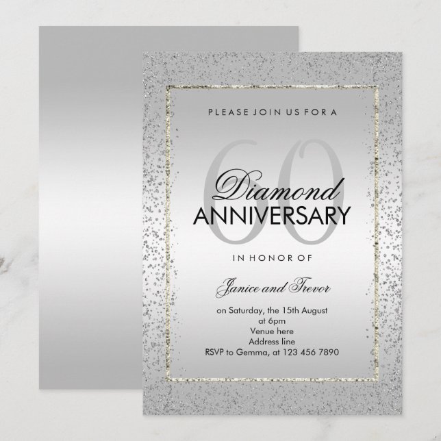 Convites Estilo Confete de Prata Bodas de Diamante 60º (Frente/Verso)