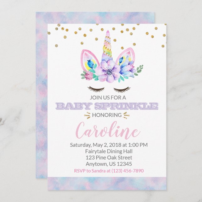 Convites Estilo de Aquarela Púrpura Rosa Unicorn Bebê Espri (Frente/Verso)