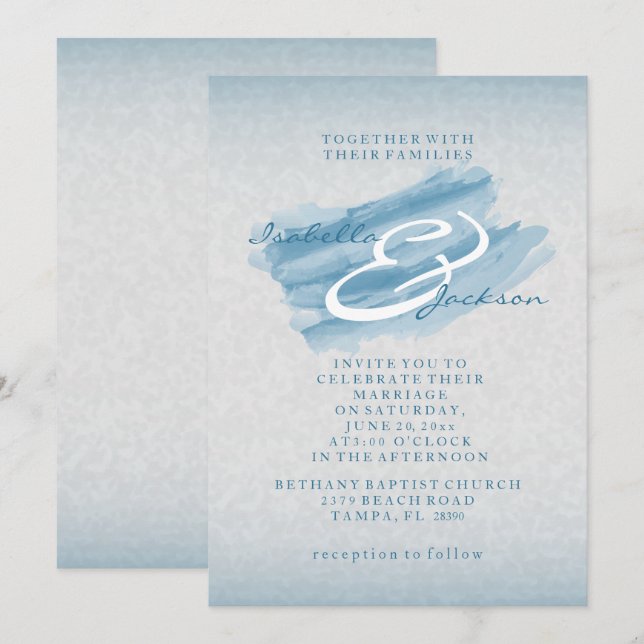 Convites Estilo de Casamento de Cor Azul Moderno (Frente/Verso)