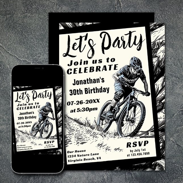 Convites Estilo de Desenho Moderno da Montanha Bike Anivers (Mountain Bike Modern Sketch Style Birthday Invitation)