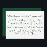 Convites Estilo de Escrita Manual Casamento Branco e Flores<br><div class="desc">Os detalhes do casamento estão listados em estilo manuscrito,  texto verde da floresta. O verso do convite é um verde florestal sólido com texto branco para a data.</div>