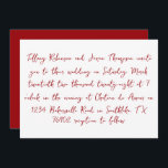 Convites Estilo de Escrita Manual Casamento Branco e Vermel<br><div class="desc">Os detalhes do casamento estão listados em estilo manuscrito,  texto vermelho. O verso do convite é vermelho sólido com texto branco para a data do casamento.</div>