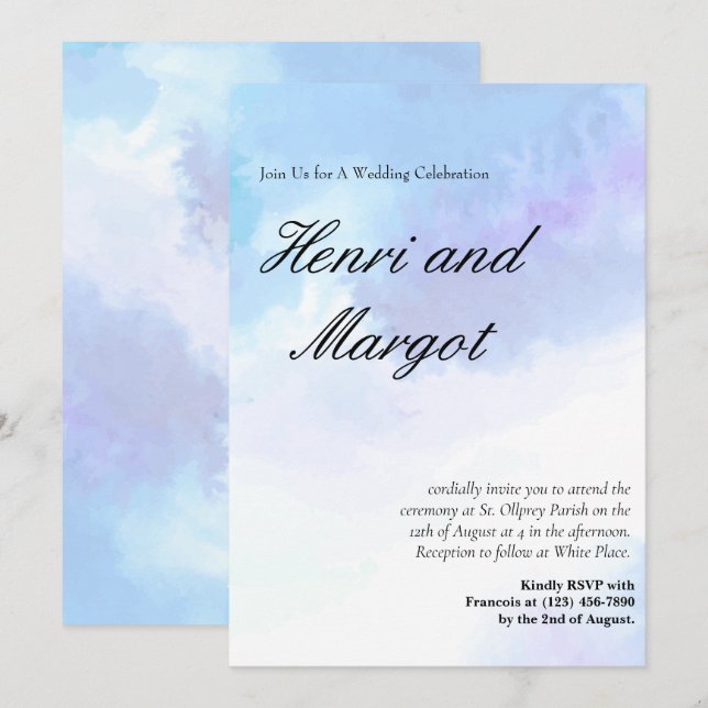 Convites Estilo de Script Fluido com Aquarela Azul Pastel e (Frente/Verso)