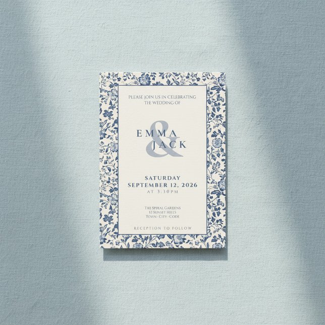 Convites Estilo do software Blue creme Casamento Floral (Delftware style Blue cream Floral wedding Invitation.)