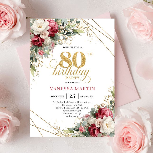 Convites Estilo floral verde branco Borgonha para 80º anive (Burgundy white floral greenery style 80th birthday invitation

)