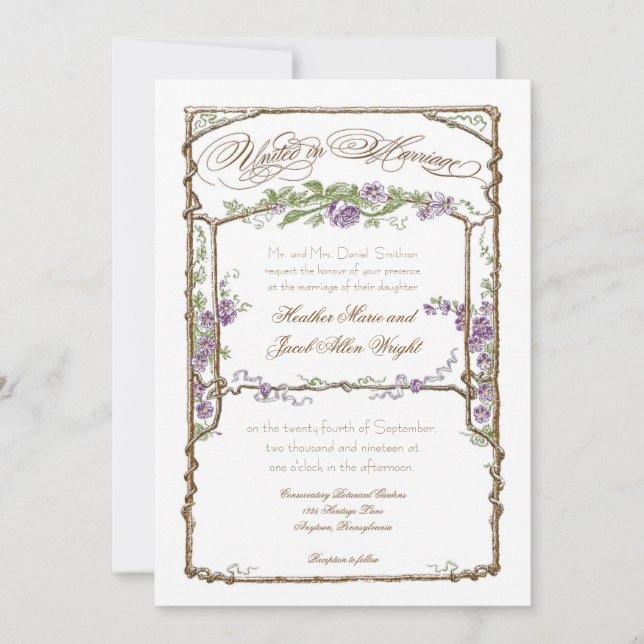 Convites Estilo Letterpress Vintage Faux Bois Trellis Roxo (Frente)