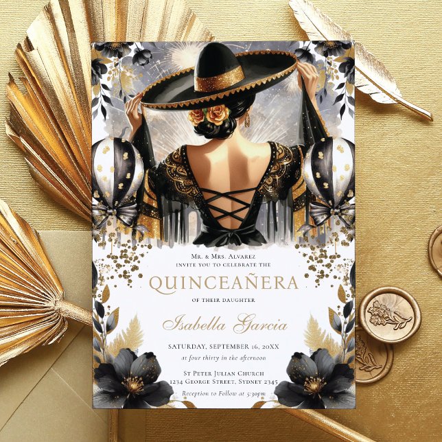 Convites Estilo Mexicano Dourado e Negro de luxo Quinceañer (Criador carregado)