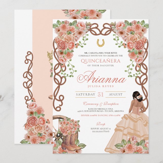Convites Estilo Ocidental Carra, Dourada, Froral Quinceañer (Frente/Verso)