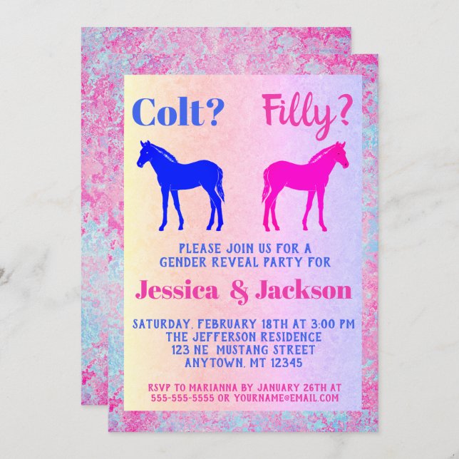 Convites Estilo Ocidental Cor-de-Rosa Cintilada e Azul Reve (Frente/Verso)