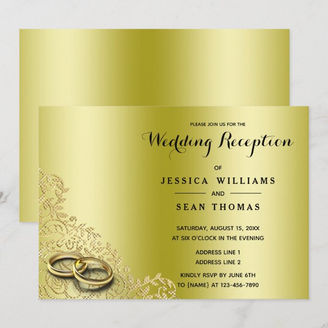 Convites Estilo Ouro Decorativo & Alianças Casamento Recepç (Frente/Verso)