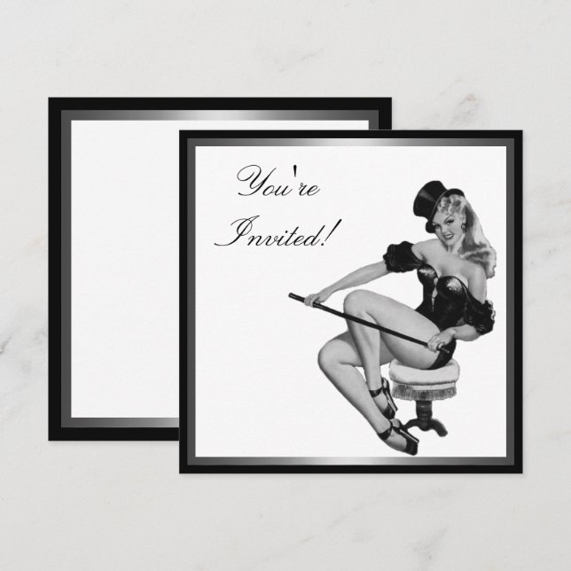 Convites Estilo Pin-Up Menina 5 Preto e Branco Prata (Frente/Verso)