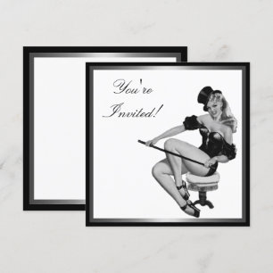 Convites Estilo Pin-Up Menina 5 Preto e Branco Prata