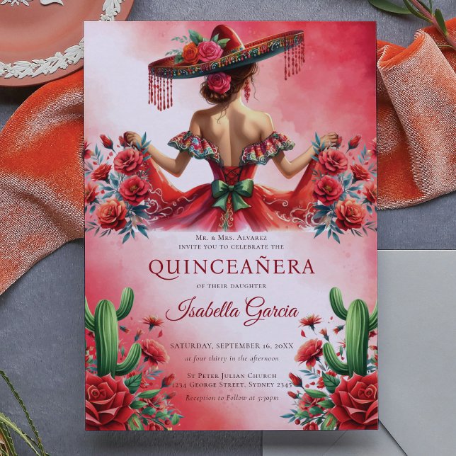 Convites Estilo Verde Mexicano Vermelho Quinceañera (Criador carregado)