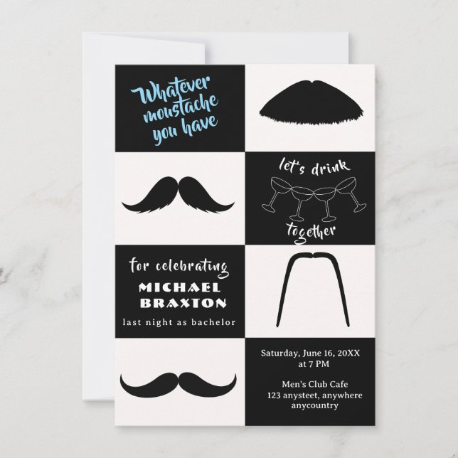 Convites Estilos de Bigode Preto e Branco Festa de Despedid (Frente)