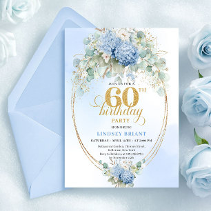 Convites Estiloso Aniversário de 60 anos Boho Pastel Azul V