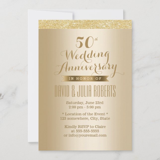 Convites Estiloso Áureo 50º Aniversário de Casamento (Frente)