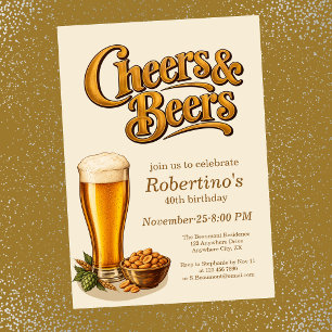 Convites Estiloso Cobre Vintage Cheers & Beers 40º Aniversá