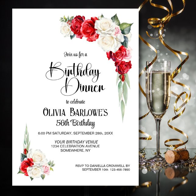 Convites Estiloso Jantar de Aniversário Floral com Rosa Bra (Criador carregado)