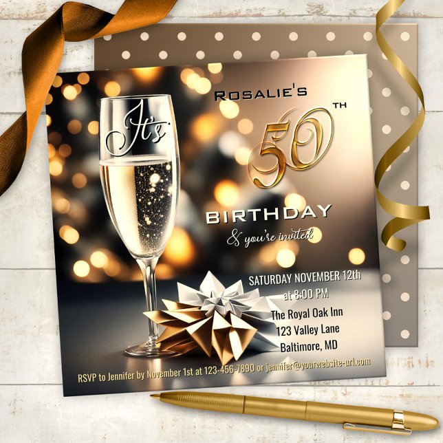 Convites Estimulação Festiva 50º Aniversário (Chic and festive 50th birthday party invitation featuring a sparkling beverage on a bokeh background)