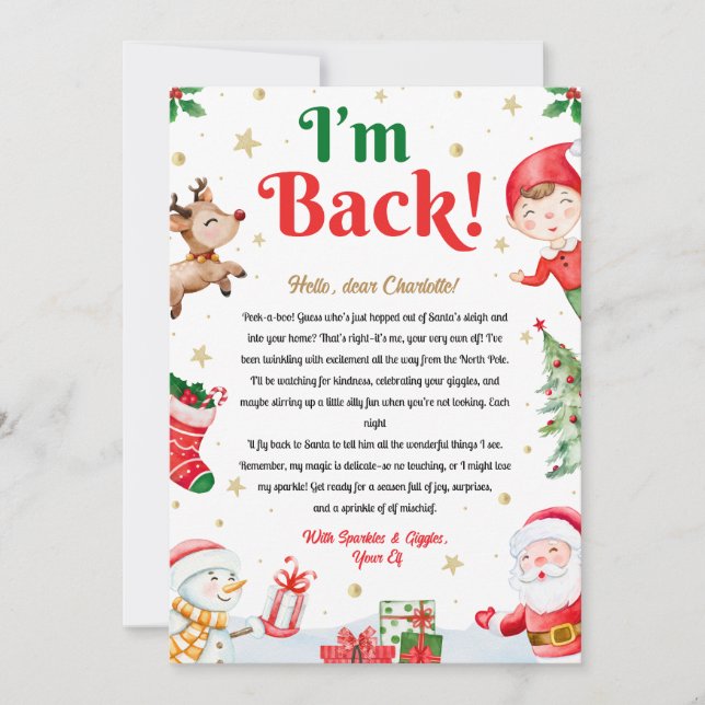 Convites Estou de Volta Carta de Chegada do Elfo de Natal R (Frente)