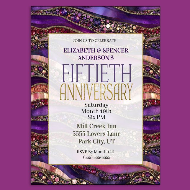 Convites Estratos Pedidos de Roxo 50º Aniversário de Casame (Purple and Gold Jeweled Strata 50th Wedding Anniversary Party Invitation)