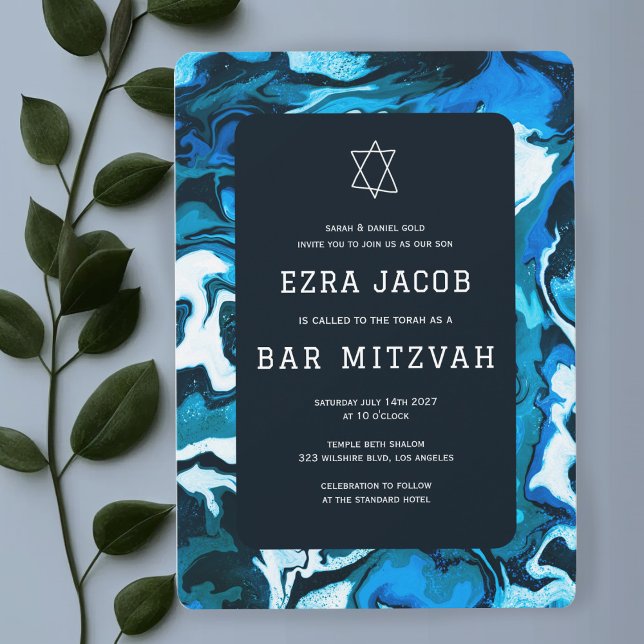 Convites Estrela Azul do Marble do Bar Personalizado David  (Blue Marble Star of David Custom Bar Bat Mitzvah Invitation
)