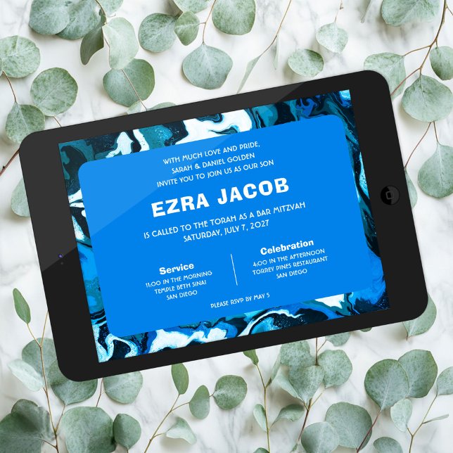 Convites Estrela Azul do Marble do Bar Personalizado David  (Blue Marble Star of David Custom Bar Bat Mitzvah Digital Download evite Invitation
)