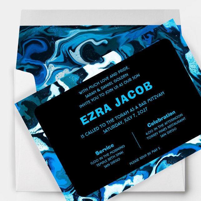 Convites Estrela Azul do Marble do Bar Personalizado David  (Blue Marble Star of David Custom Bar Bat Mitzvah Invitation
)