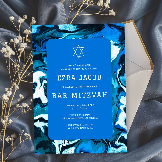 Convites Estrela Azul do Marble do Bar Personalizado David  (Blue Marble Swirls Star of David Custom Bar Bat Mitzvah Invitation
)