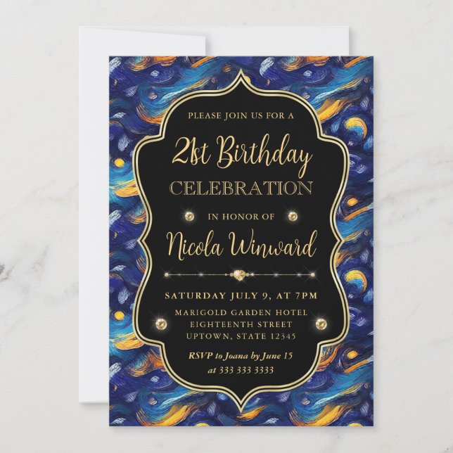 Convites Estrela Azul e Amarela Noite de Aniversário de 21  (Frente)