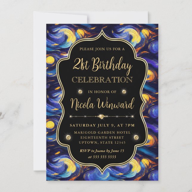 Convites Estrela Azul e Amarela Noite de Aniversário de 21  (Frente)