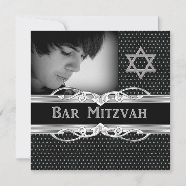 Convites Estrela Bar Mitzvah Preto Prata Metal Estudados (Frente)