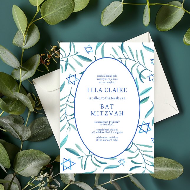 Convites Estrela Botânica de Aquarela de David Bar Bat Mitz (Watercolor Botanical Star of David Bar Bat Mitzvah Invitation
)