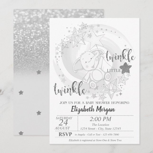 Convites Estrela Brilhante Glitter Prata, Chás de Bebê de U (Frente/Verso)
