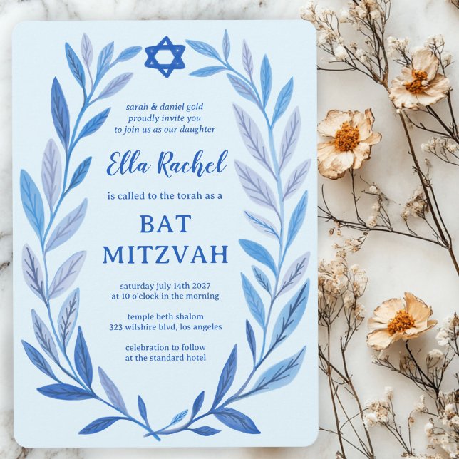 Convites Estrela de Aquarela Botânica de David Bar Bat Mitz (Botanical Watercolor Star of David Bar Bat Mitzvah Invitation
)