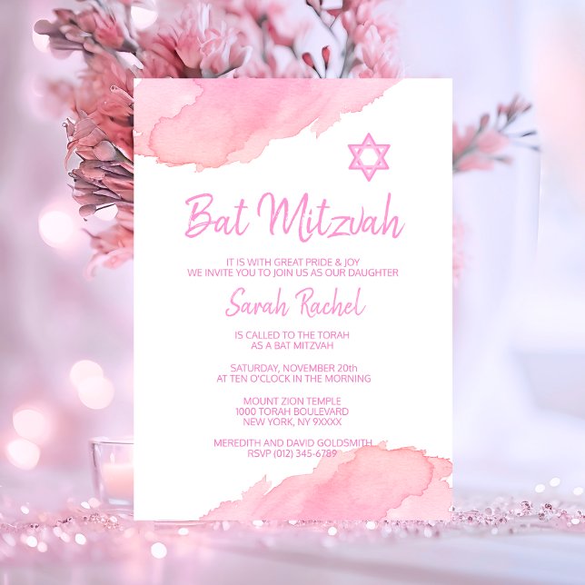 Convites Estrela de Aquarela Moderna de PINK de David BAT M (Modern PINK Watercolor Star of David BAT MITZVAH Invitation)