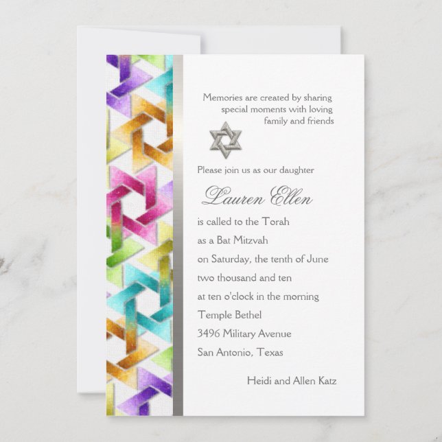 Convites Estrela de Davi Arco-íris Damask Bat Mitzvah (Verso)