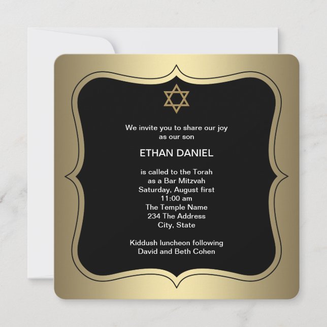 Convites Estrela de Davi Bar Mitzvah Dourado Preto (Frente)