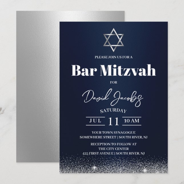 Convites Estrela de Davi Bar Mitzvah Judaico Moderno Azul M (Frente/Verso)