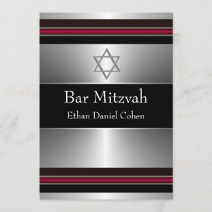 Convites Estrela de Davi Bar Mitzvah Preta Vermelha Prata