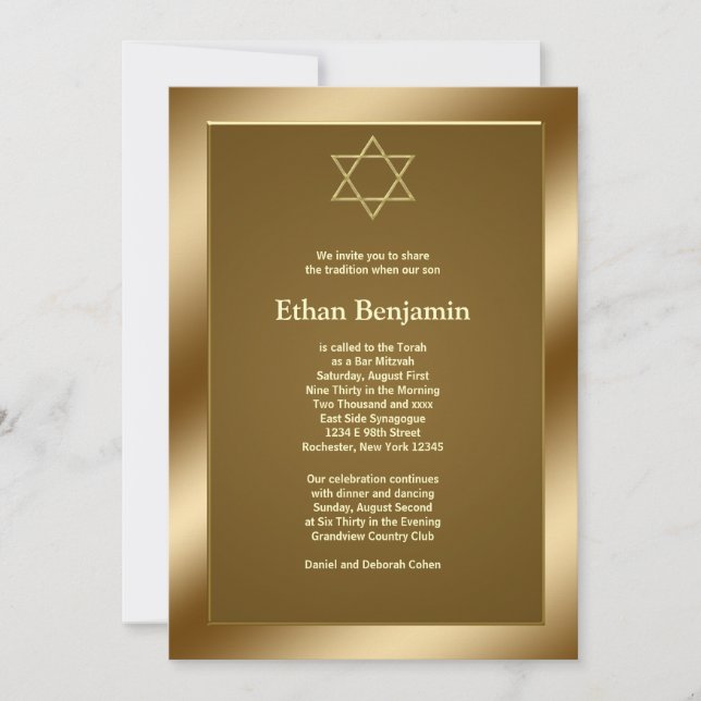 Convites Estrela de Davi de ouro Bar Mitzvah (Frente)