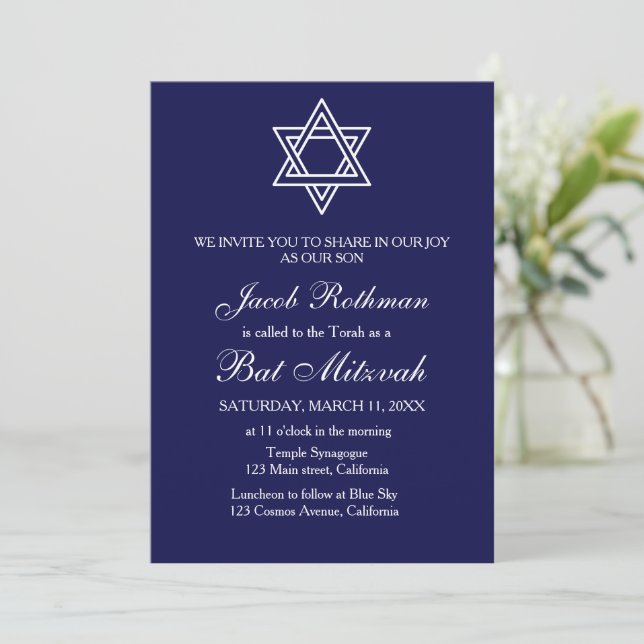 Convites Estrela de Davi Elegante Simples Azul Bat Mitzvah (Em pé/Frente)